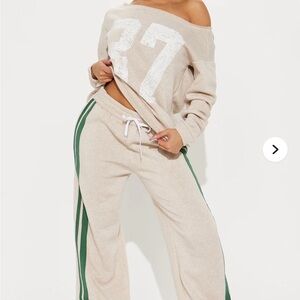 Fashion Nova Beige Off-Shoulder Set with Green Stripes